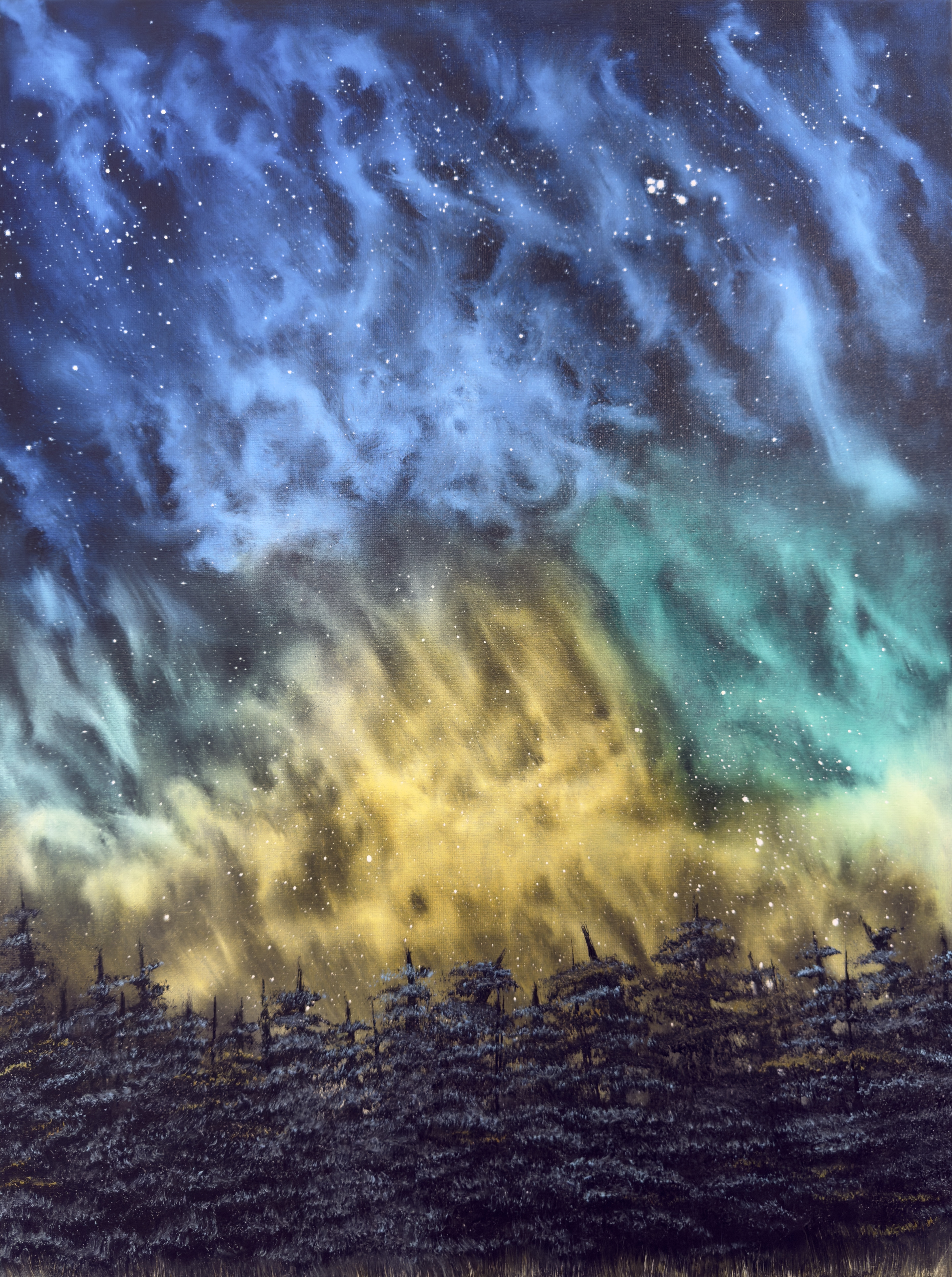 Nebula Skies, green and gold northern lights over pines, oil on canvas
